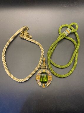 Heidi Daus Olive Green and Amber Crystal Pendant Necklace with Gold-Tone Rope